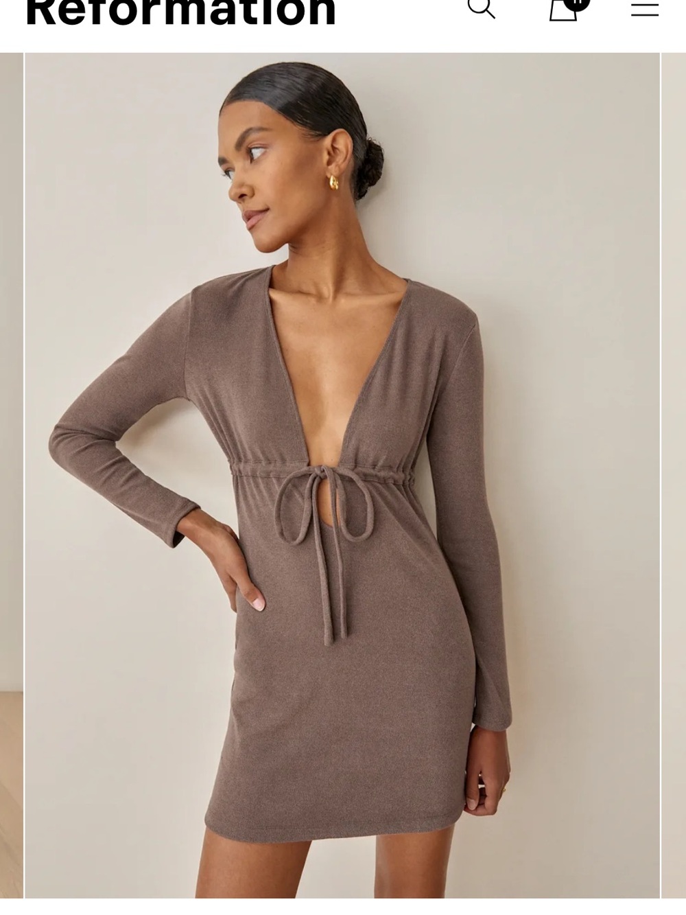 Reformation Taupe Deep V Tie-Front Mini Dress